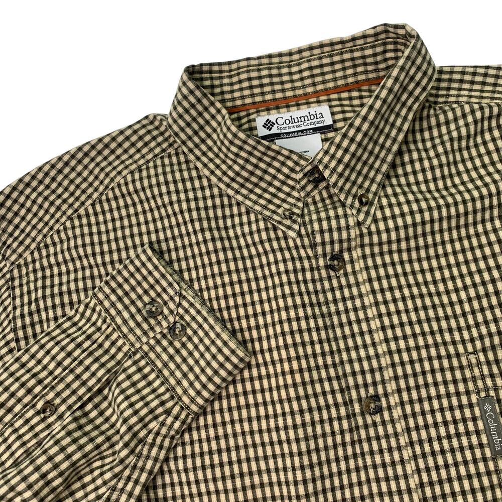 Columbia Mens XL Button Down Shirt Long Sleeve Tan Green Plaid Cotton Outdoors